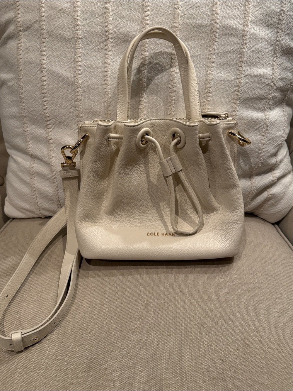 Cole Haan Cream Pebbled Leather Drawstring Shoulder Bag